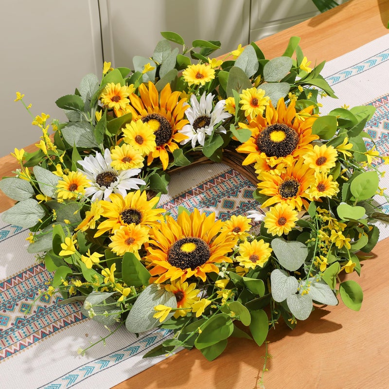 Vsonker 24" Sunflower Wreaths for Front Door, Greenery Summer Spring Front Door Wreath with Sunflowers and Eucalyptus for Indoor Outdoor Wall Window, Outside Floral Wreath Decor for Home Porch - Image 2