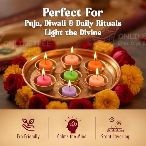 OnlineTree Ghee Diya Batti Combo – Pack of 5 (Jasmine, Rose, Lavender, Sandalwood & Kesar Chandan) with 50 Pure Cow Ghee Wicks Each. Wax-Free, Ready-to-Use Diyas for Pooja, Festivals - Image 5