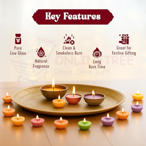 OnlineTree Ghee Diya Batti Combo – Pack of 5 (Jasmine, Rose, Lavender, Sandalwood & Kesar Chandan) with 50 Pure Cow Ghee Wicks Each. Wax-Free, Ready-to-Use Diyas for Pooja, Festivals - Image 4