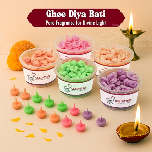 OnlineTree Ghee Diya Batti Combo – Pack of 5 (Jasmine, Rose, Lavender, Sandalwood & Kesar Chandan) with 50 Pure Cow Ghee Wicks Each. Wax-Free, Ready-to-Use Diyas for Pooja, Festivals - Image 2