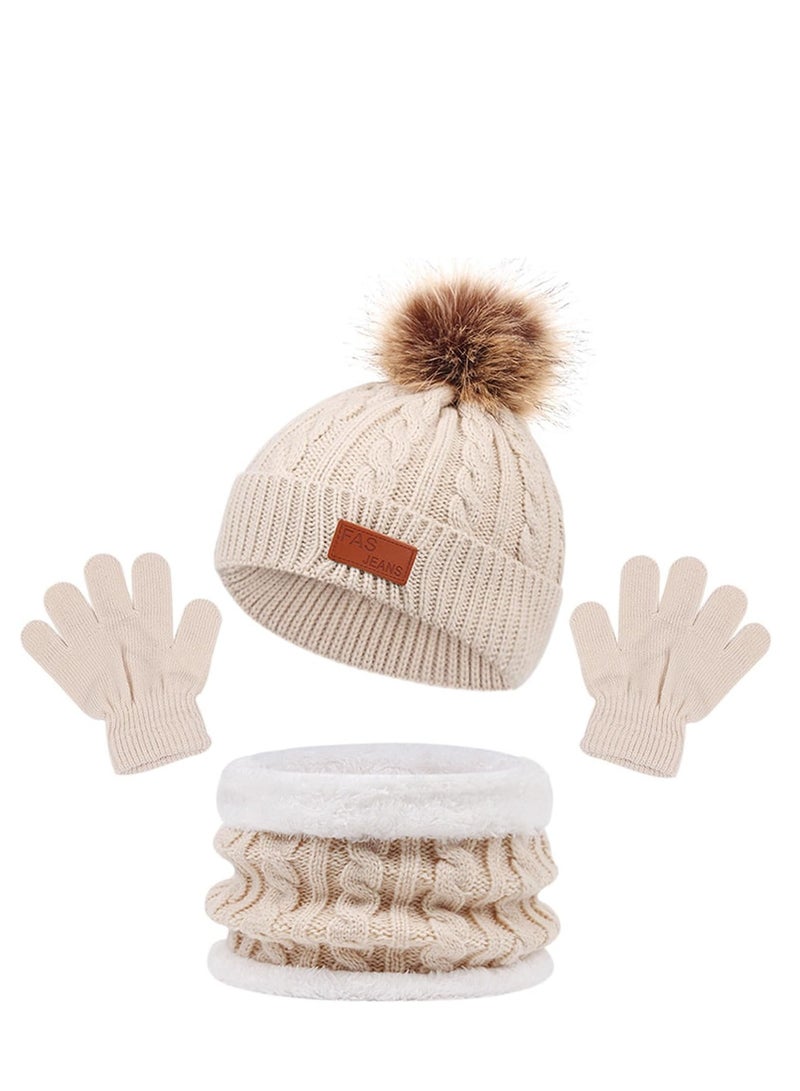 AirYoung Kids Hat Scarf Gloves Set, Kids Winter Beanie Hat Scarf Gloves Set with Knit Thick Warm Fleece Lined for 2-6 Years Old, Beige - Image 1