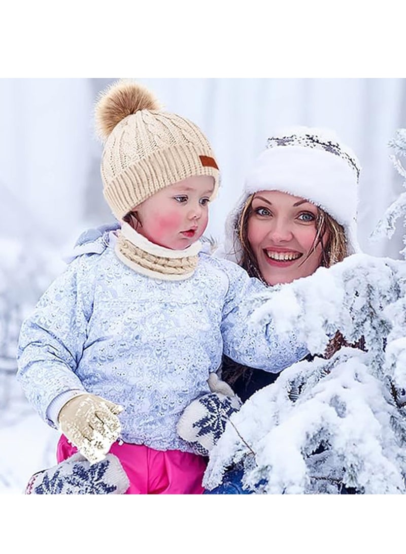 AirYoung Kids Hat Scarf Gloves Set, Kids Winter Beanie Hat Scarf Gloves Set with Knit Thick Warm Fleece Lined for 2-6 Years Old, Beige - Image 3