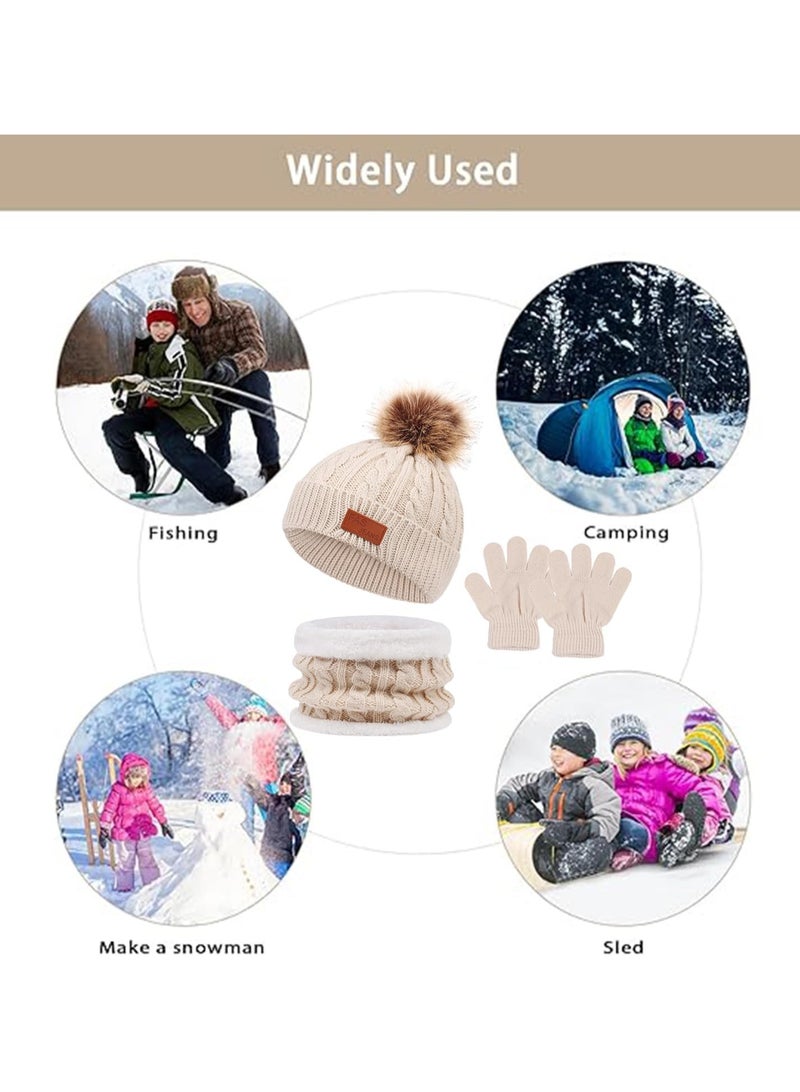 AirYoung Kids Hat Scarf Gloves Set, Kids Winter Beanie Hat Scarf Gloves Set with Knit Thick Warm Fleece Lined for 2-6 Years Old, Beige - Image 5