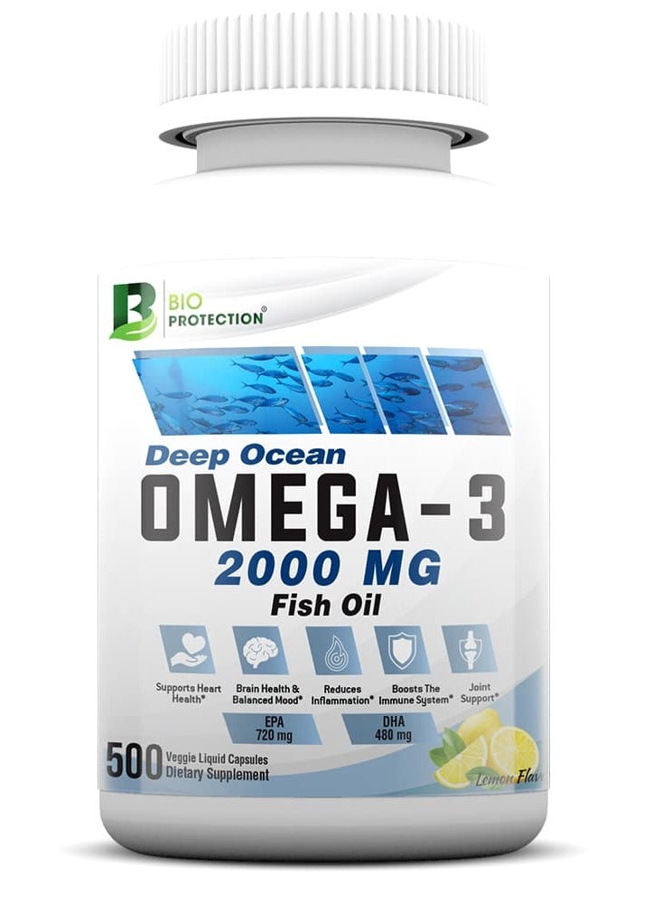 BIO PROTECTION Omega 3 Fish Oil, 500 Veggie Liquid Capsules, 2000 mg, Joint Support - Image 1
