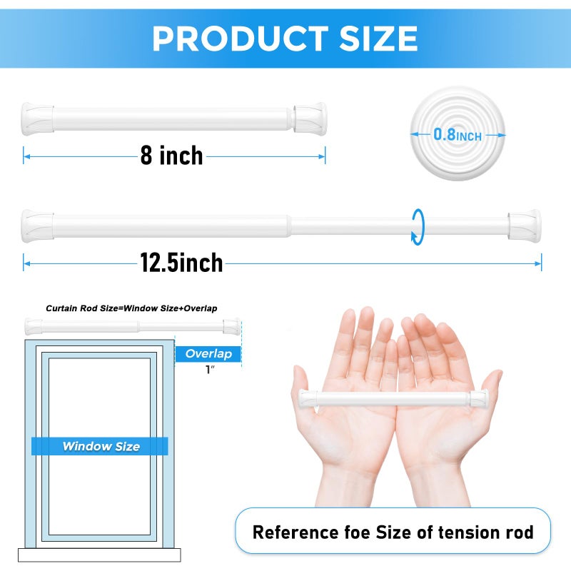 QINGYUN 2 Pack Small Spring Tension Curtain Rod 8 to 12.5 Inch, Thin DIY Tension Rods No Drill for Slim Window Cupboard Closet Sidelights, White - Image 2