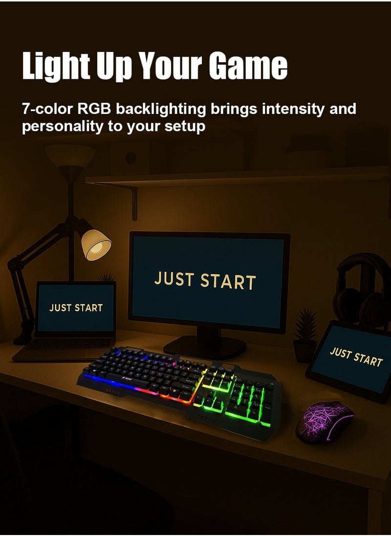جيت طقم لوحة مفاتيح وفأرة ألعاب سلكي بإضاءة RGB – لوحة مفاتيح بإطار معدني وإضاءة LED + فأرة ألعاب بإضاءة RGB – تصميم ميكانيكي، توصيل USB مباشر – متوافق مع أجهزة Windows وMac للألعاب  - Image 2
