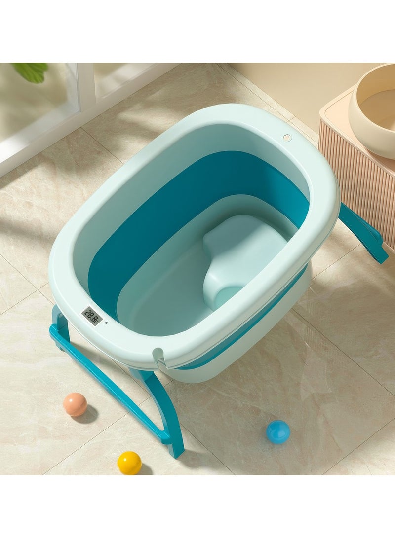 رينوفو حوض استحمام متنقل للأطفال مزود بميزان حرارة ومقعد مقاس 60.5X44.5X33 سم حوض استحمام قابل للطي لون أزرق - Image 2
