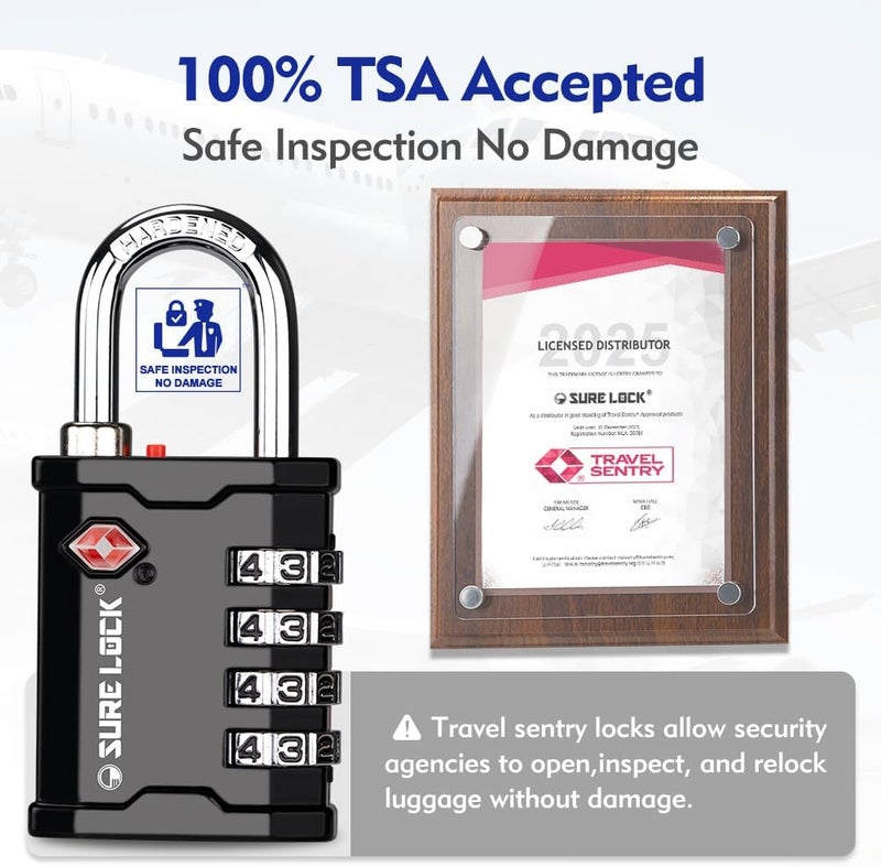 SURE LOCK TSA Accepted Heavy Duty Big Combination Luggage Padlock for Gun Cases, Transporting Equipment Cases in Trade Show, Music and Medical Industries (2, Black) - Image 2