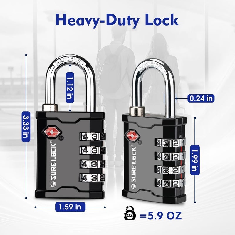 SURE LOCK TSA Accepted Heavy Duty Big Combination Luggage Padlock for Gun Cases, Transporting Equipment Cases in Trade Show, Music and Medical Industries (2, Black) - Image 5