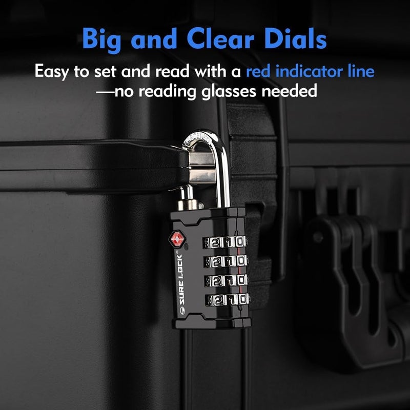 SURE LOCK TSA Accepted Heavy Duty Big Combination Luggage Padlock for Gun Cases, Transporting Equipment Cases in Trade Show, Music and Medical Industries (2, Black) - Image 3