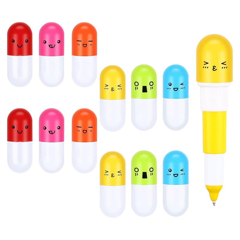 SIDAK 12 Pieces Capsule Shaped Retractable Ball Pens, Smiling Face Capsule Pen Nurses Mini Pharmacy Novelty Ballpoint Pen, Return Gift For Kids. - Image 1