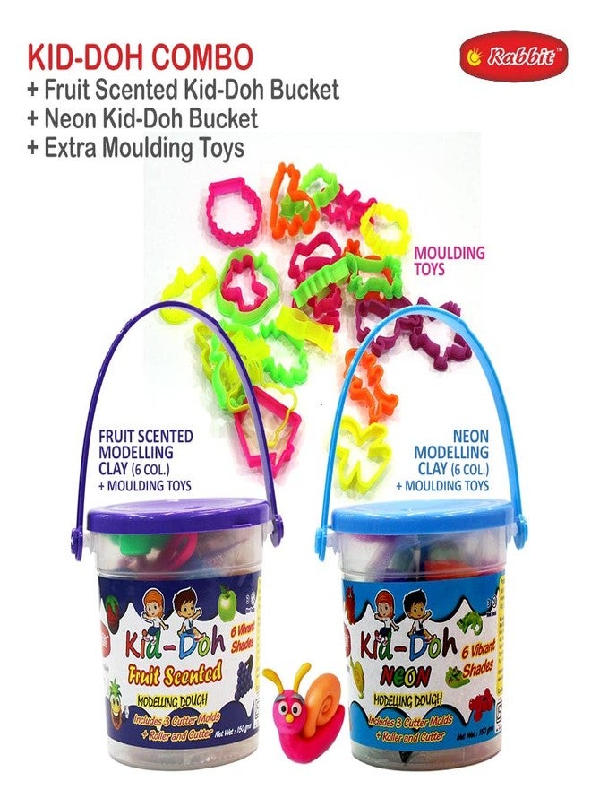 Rabbit Kid-Doh Fruit Scented + Kid Doh Neon Bucket with 24 Toys Set | Modelling Dough | Activity Set | Dough Kids Play | Multicolor |12 Vibrant Shades| Roller and Cutter | Ideal for 3+ - Image 2
