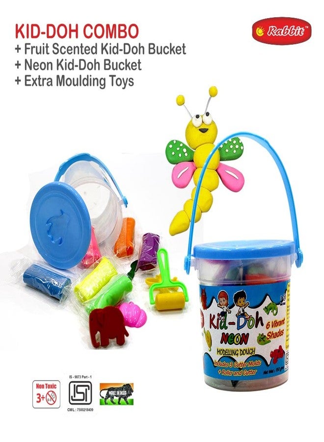 Rabbit Kid-Doh Fruit Scented + Kid Doh Neon Bucket with 24 Toys Set | Modelling Dough | Activity Set | Dough Kids Play | Multicolor |12 Vibrant Shades| Roller and Cutter | Ideal for 3+ - Image 4
