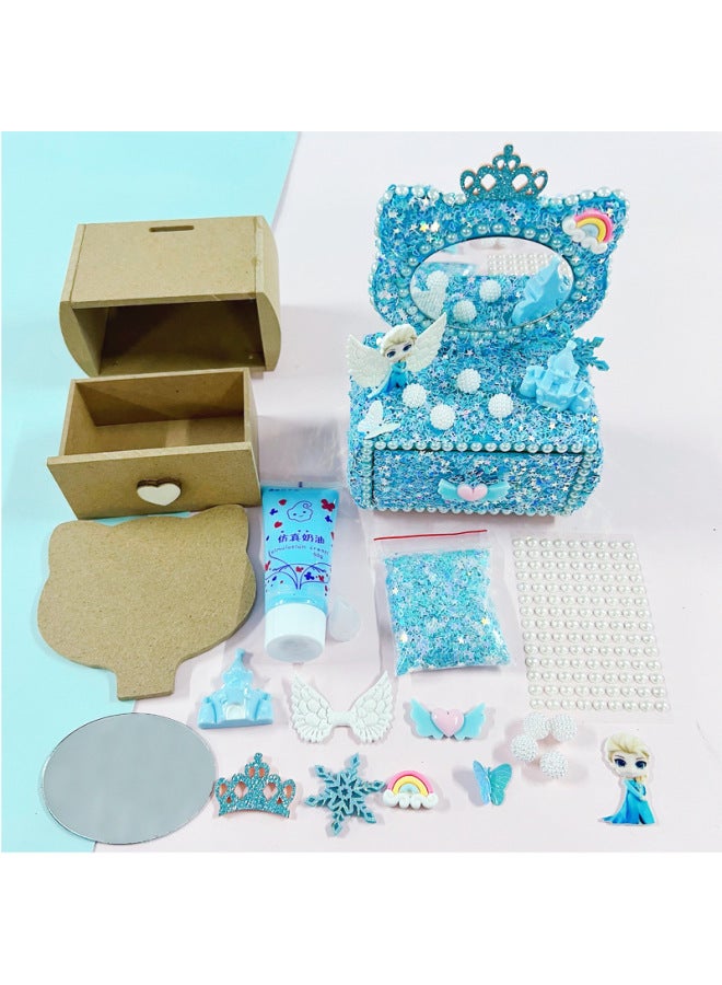 Craftsmanship Children's Handmade Diy Shiny Dressing Table Sequins Cream Glue Adhesive Painting Princess Makeup Jewelry Box-Color:Fun Snowflake Dresser (Pink Love)  - Image 5