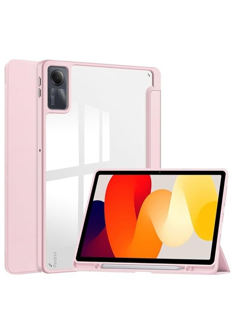 2023 Released Redmi Pad SE 11" Case, Clear Back Transparent with Pen Holder, Redmi Pad se Cover, Tablet Case with Auto Sleep Function, Trifold Stand, Shockproof, Lightweight (Redmi Pad SE, Pink)