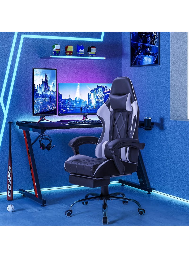 Mahmayi Mahmayi Gaming Office, Computer Chair PC Chair with Massage Lumbar Support, Racing Style Faux Leather High Back Adjustable Swivel Chair with Footrest (Black and White)  - Image 2