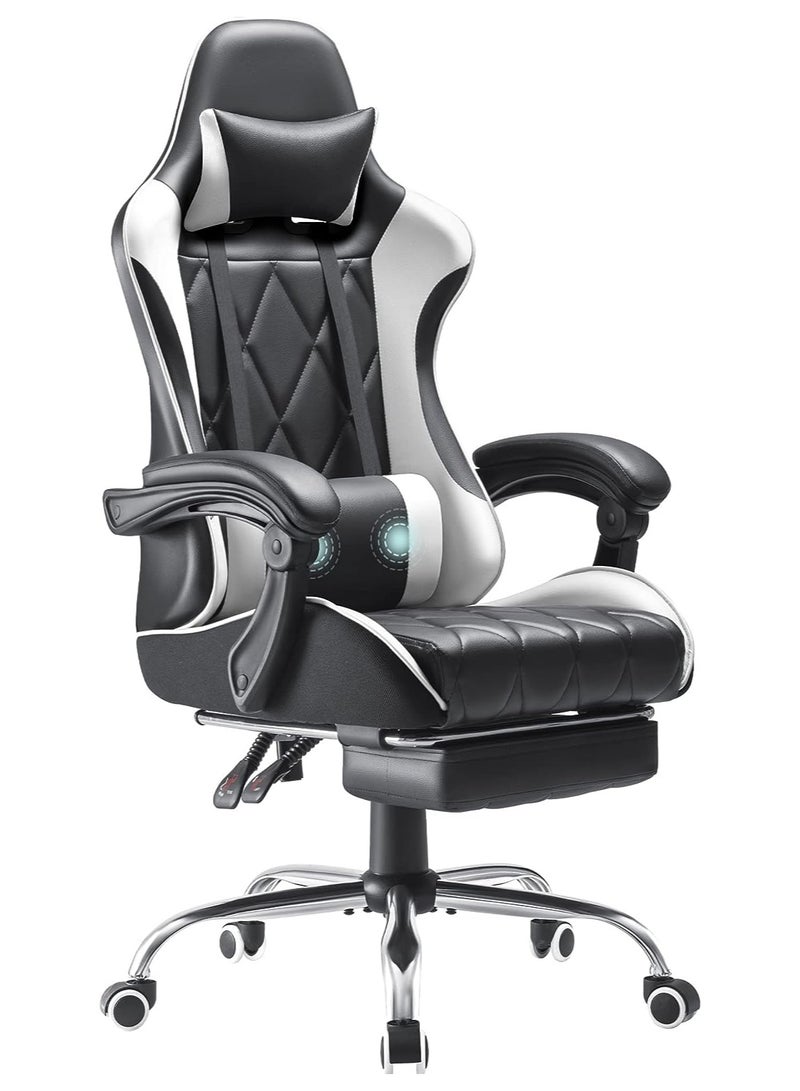 Mahmayi Mahmayi Gaming Office, Computer Chair PC Chair with Massage Lumbar Support, Racing Style Faux Leather High Back Adjustable Swivel Chair with Footrest (Black and White)  - Image 1