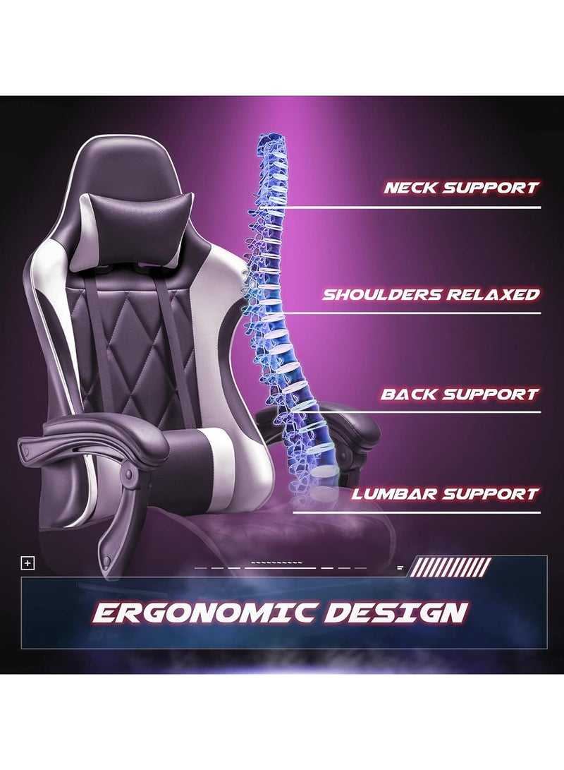 Mahmayi Mahmayi Gaming Office, Computer Chair PC Chair with Massage Lumbar Support, Racing Style Faux Leather High Back Adjustable Swivel Chair with Footrest (Black and White)  - Image 4