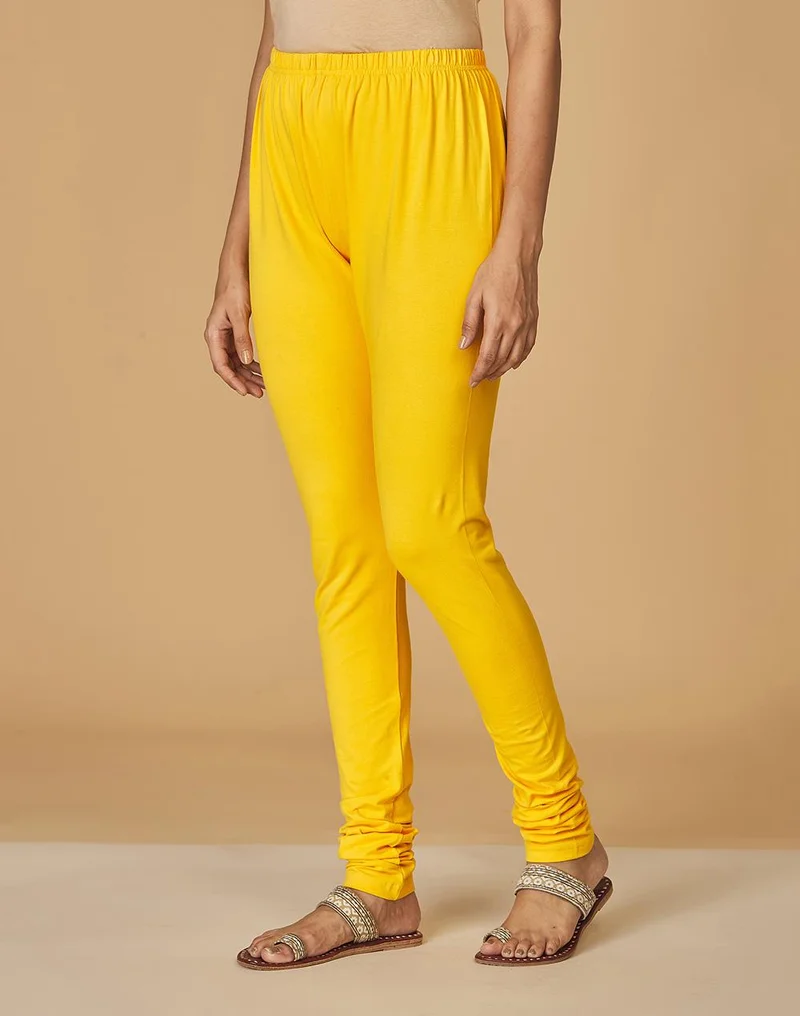 Fabindia Yellow Cotton Knitted Churidar With Elasticated Waist