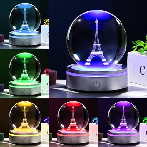 Movdyka 3D Crystal Ball Eiffel Tower Decor Statue Paris Gifts for Women Men, Laser Etched Eiffel Tower Snow Globes with Lamp Base, Paris Themed Bedroom Ornaments Party Decorations France Souvenirs - Image 2