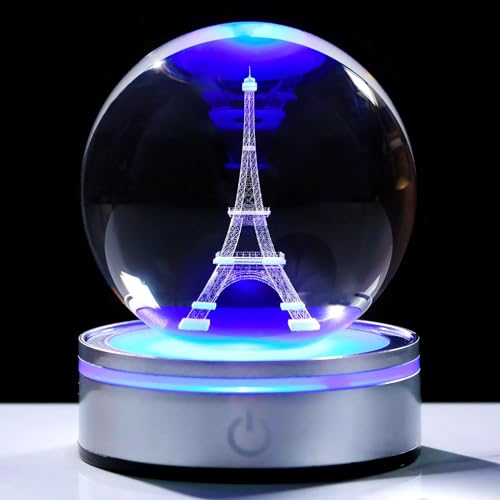 Movdyka 3D Crystal Ball Eiffel Tower Decor Statue Paris Gifts for Women Men, Laser Etched Eiffel Tower Snow Globes with Lamp Base, Paris Themed Bedroom Ornaments Party Decorations France Souvenirs - Image 1