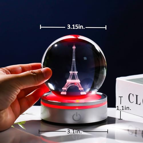 Movdyka 3D Crystal Ball Eiffel Tower Decor Statue Paris Gifts for Women Men, Laser Etched Eiffel Tower Snow Globes with Lamp Base, Paris Themed Bedroom Ornaments Party Decorations France Souvenirs - Image 4