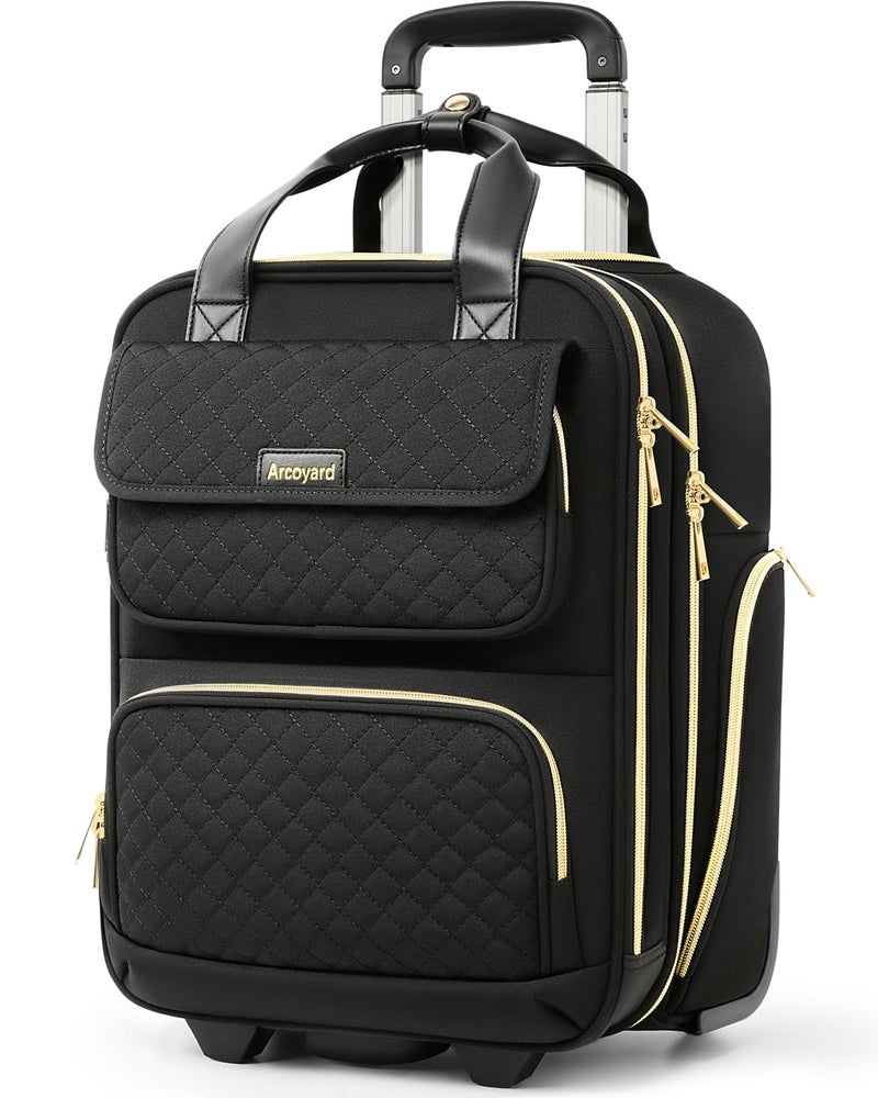 Arcoyard Underseat Carry On Luggage with Wheels, Airline Approved Personal Item Luggage, 16-Inch Multi-functional Underseat Luggage, Lightweight Overnight Suitcase for Women, Bussiness, Travel, Black - Image 1