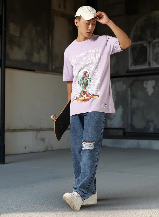 Hubberholme Lilac Men Futuristic Printed Oversized Fit T-Shirt for Men | Best Price UAE