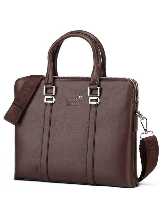 MONTBLANC حقيبة عمل جلدية بنية فاخرة من مونت بلانك للرجال - حقيبة لابتوب مكتبية كلاسيكية بحزام قابل للتعديل وفتحات متعددة