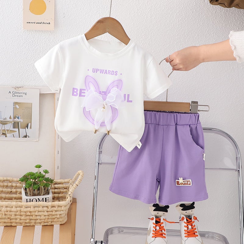 2025 Summer New Girls Three-dimensional Bow Short-sleeved T-shirt suit 1-5 Years Old Baby Casual Shorts Two-piece Set Purple 
