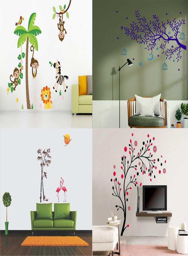 Walltech مجموعة ملصقات جدارية من Walltech مكونة من 4 قطع: غابة (150 × 120 سم) | شجرة زرقاء مع قمر (91 × 67 سم) | غروب الشمس مع بجعة الحب (120 × 120 سم) | شجرة ساحرة (150 × 150 سم) - مصنوعة من الفينيل - Image 1
