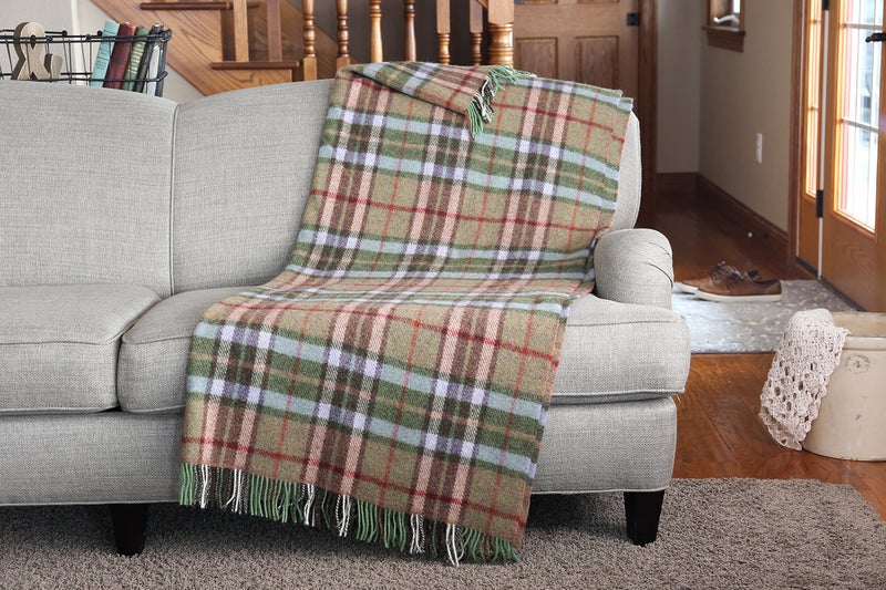 Biddy Murphy Irish 100% Wool Throw & Toss Blanket, Made in Ireland, Heirloom Quality, 54" x 72", Pale Green/Beige Plaid Tartan - Image 4