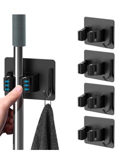 KASTWAVE Mop Broom Holder, No Drilling Self-Adhesive Wall Mounted Storage Rack with Hook, Stainless Steel Multifunctional Hook for Bathroom Kitchen Garage Garden Tool Storage Black, 4 Pcs  - Image 1