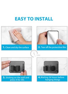 KASTWAVE Mop Broom Holder, No Drilling Self-Adhesive Wall Mounted Storage Rack with Hook, Stainless Steel Multifunctional Hook for Bathroom Kitchen Garage Garden Tool Storage Black, 4 Pcs  - Image 4