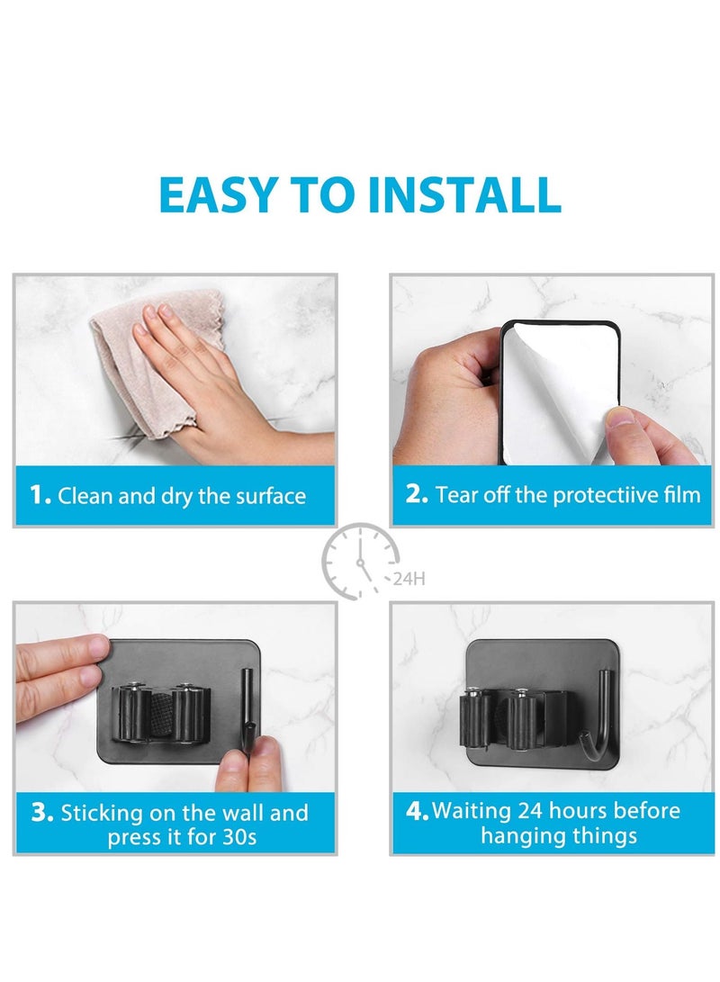 KASTWAVE Mop Broom Holder, No Drilling Self-Adhesive Wall Mounted Storage Rack with Hook, Stainless Steel Multifunctional Hook for Bathroom Kitchen Garage Garden Tool Storage Black, 4 Pcs  - Image 4