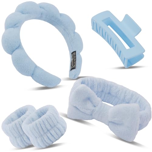 Canitor Spa Headband Wrist Bands Set with Hair Clips Skincare for Washing Face Skin Care Puffy Makeup Preppy Teen Girl Gifts Cute Trendy Stuff Hair Accessories for Women blue - Image 1