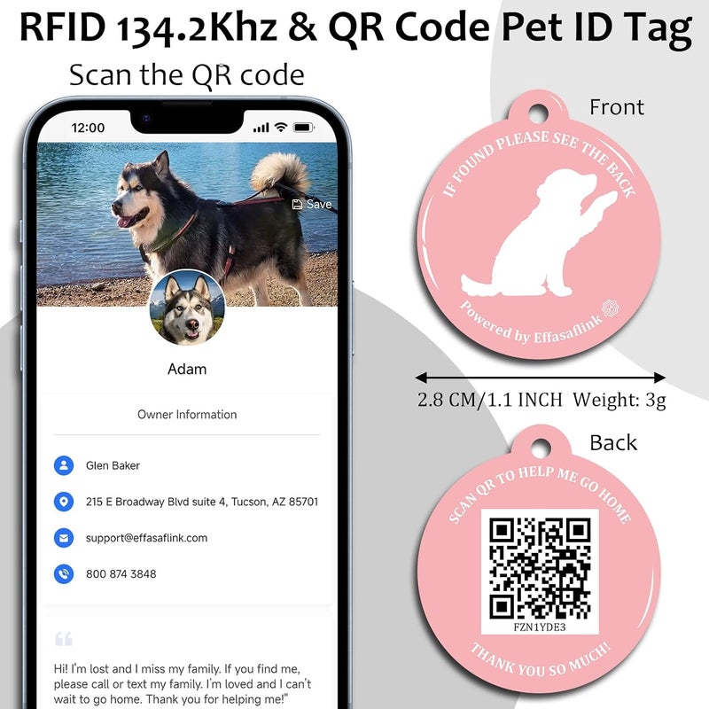 Effasaflink RFID 134.2Khz & QR Code Pet ID Tag, Collar Tag, Dual Function - Scan QR for Helping Lost Pets Go Home, Replace RFID Microchip for Smart Auto Pet Door and Feeder (Pink-Dog) - Image 2