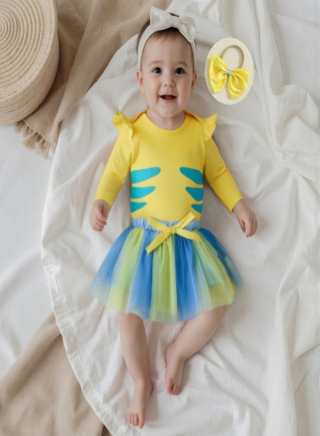 Frietlebird My First Halloween Outfit Girl Baby Flounder Costume Long Sleeve Romper with Tutu Skirt Sets Infant Halloween Costumes (A-Yellow,6-12 Months) - Image 3