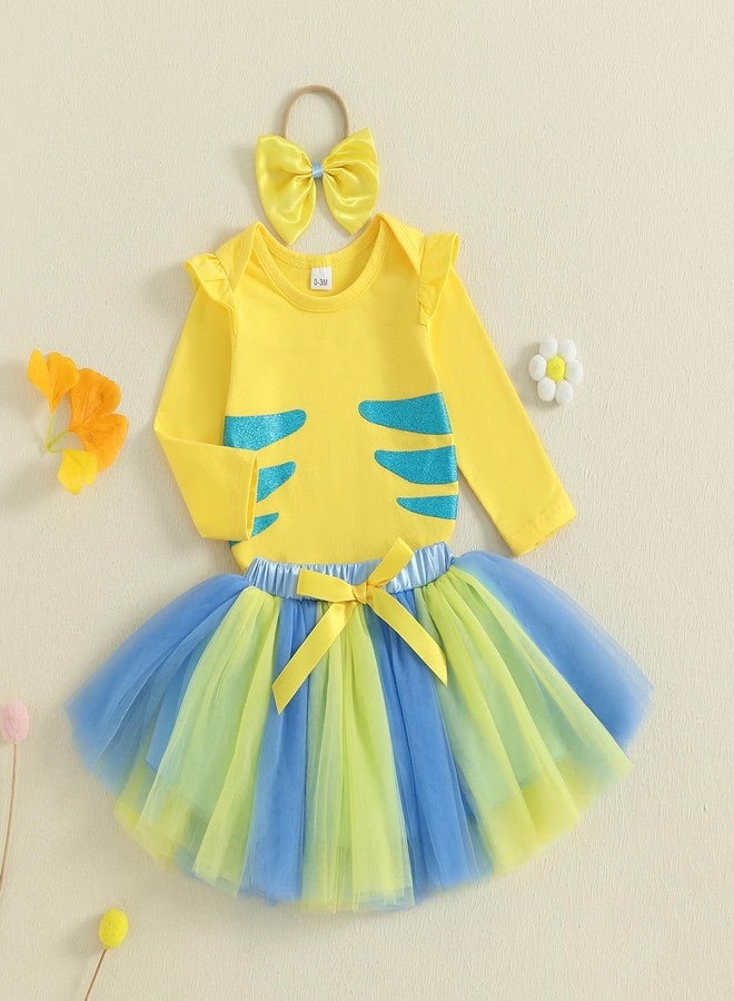 Frietlebird My First Halloween Outfit Girl Baby Flounder Costume Long Sleeve Romper with Tutu Skirt Sets Infant Halloween Costumes (A-Yellow,6-12 Months) - Image 2