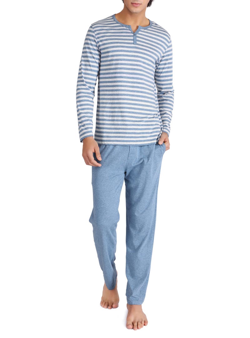 DAVID ARCHY Mens Pajamas Set Cotton Soft Sleepwear Long Sleeve Top & Bottoms PJs (M, Heather Navy Blue) - Image 1