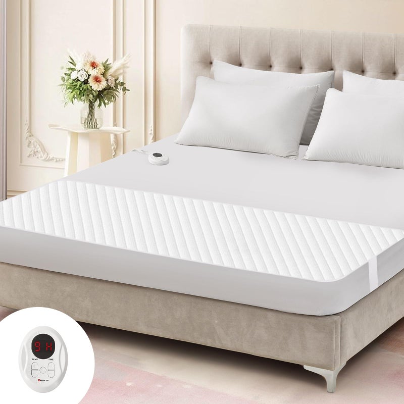 Bwarm Waterproof Heated Mattress Pad, ETL Certified Bed Warmer with 9 Heat Settings, 1-12 Hours Auto Off Deep Pocket, Machine Washable, White Foot Queen - Image 1