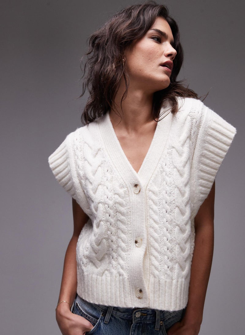 TOPSHOP Knitted Cable V-Neck Waistcoat  - Image 1