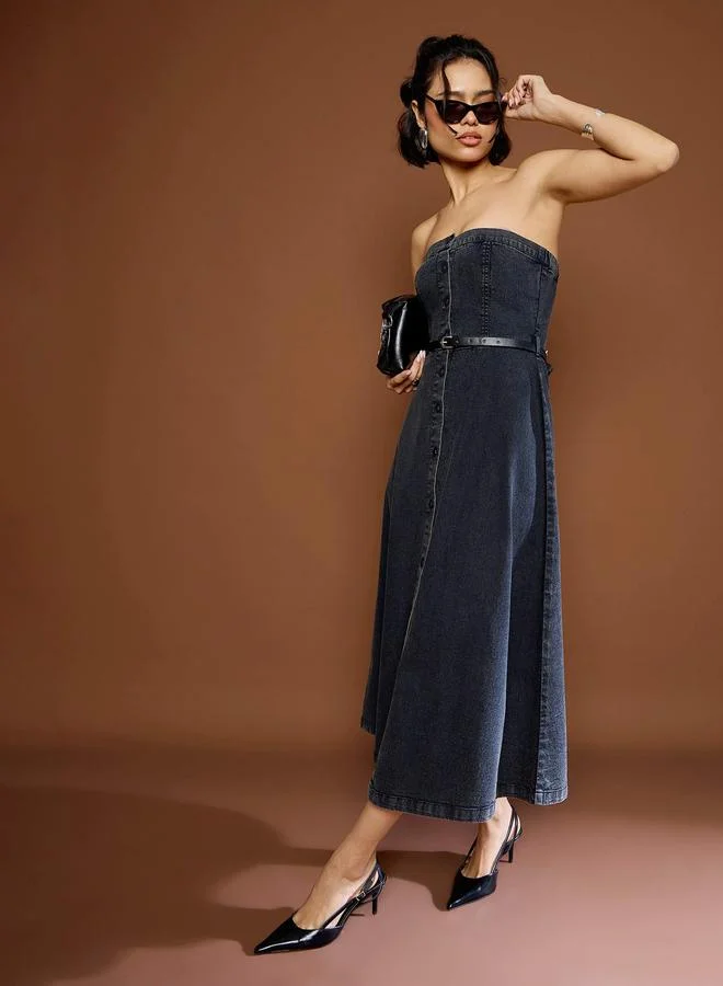 SASSAFRAS Sassafras Black Washed Denim Bandeau Neck Midi Dress