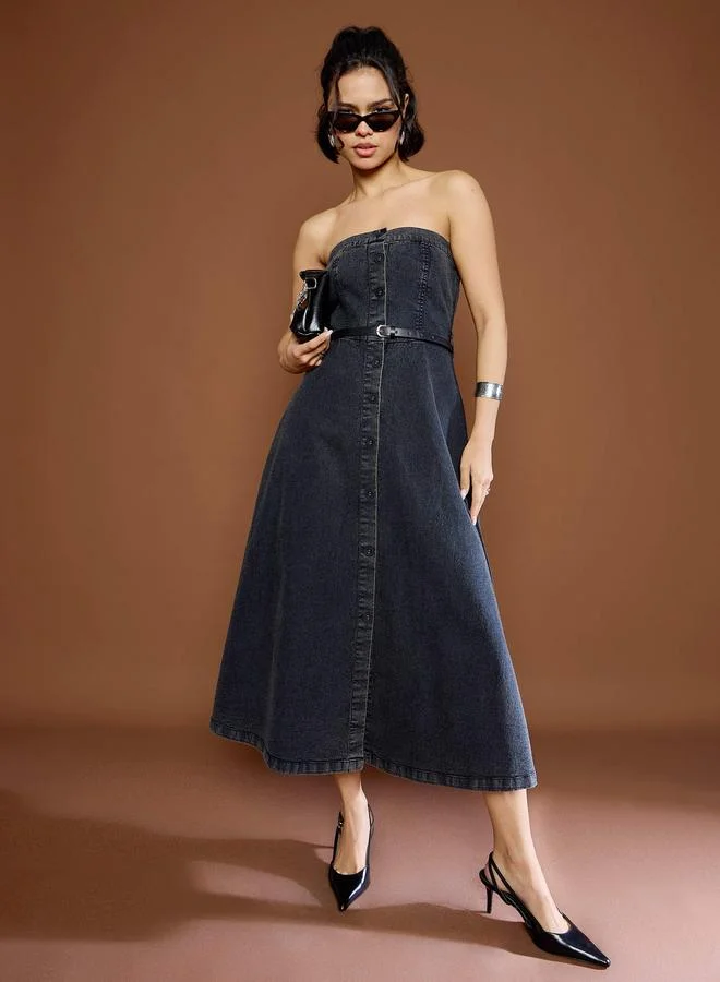 SASSAFRAS Sassafras Black Washed Denim Bandeau Neck Midi Dress