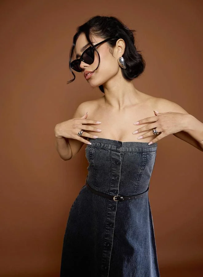 SASSAFRAS Sassafras Black Washed Denim Bandeau Neck Midi Dress