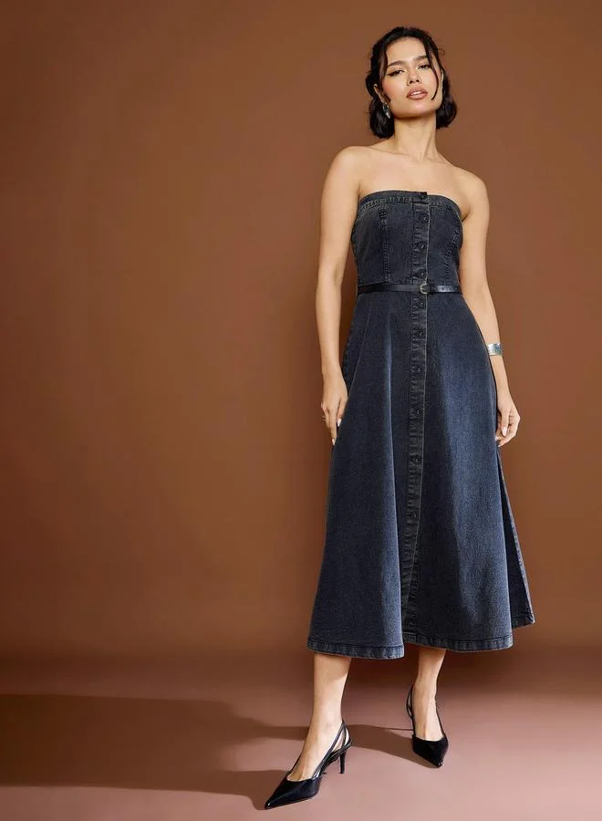 SASSAFRAS Sassafras Black Washed Denim Bandeau Neck Midi Dress