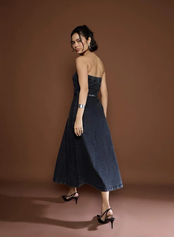 SASSAFRAS Sassafras Black Washed Denim Bandeau Neck Midi Dress