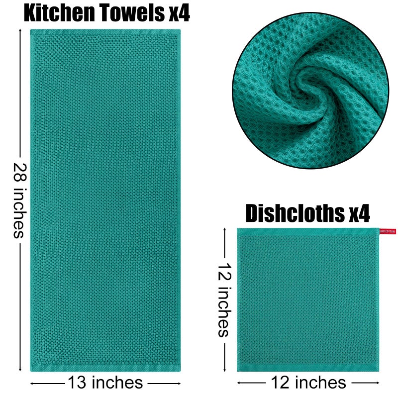 Kitinjoy 100% Cotton Kitchen Dish Cloths  8 Pack Waffle Weave Ultra Soft Absorbent Dish Towels for Drying Dishes Quick Drying Kitchen Towels Dish Rags  12 X 12 Inches  Teal - Image 1