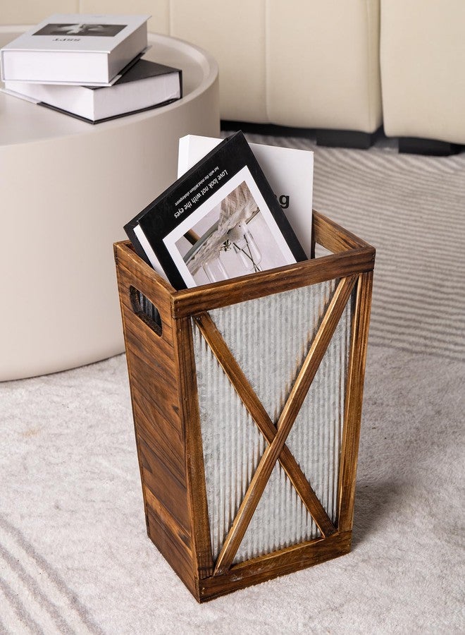 Venalys Small Wood Trash Can Wastebasket, Decorative Barn Door Garbage Can Waste Basket, Rustic Distressed Rectangular Trash Bin, Farmhouse Wooden Storage Basket Waste Paper Bin (Brown) - Image 3