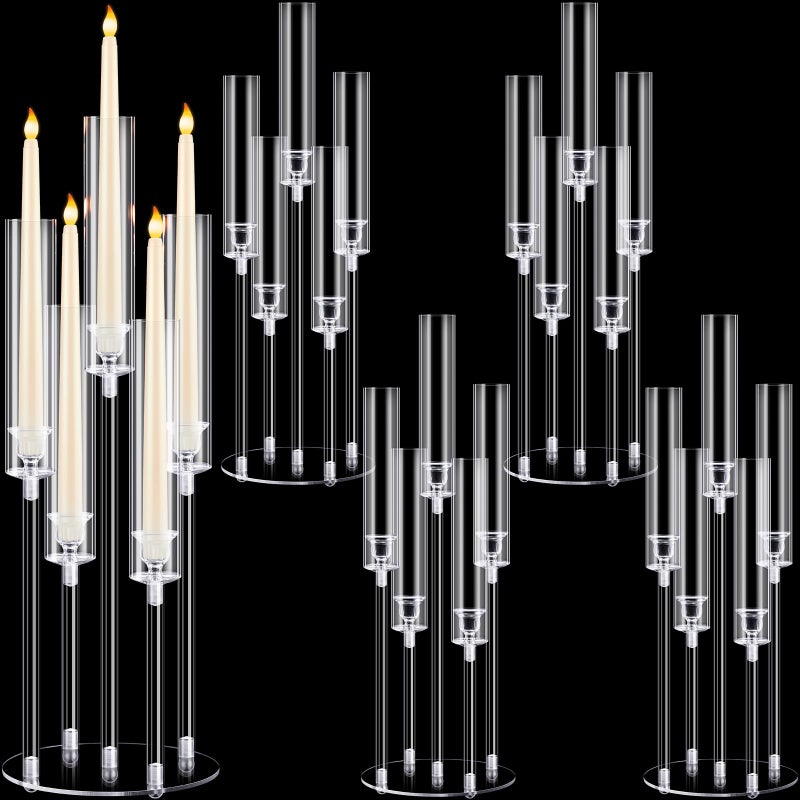 Barydat 4 Pcs Acrylic Candelabra Centerpieces Clear Candle Holder Crystal 5 Arm Candlesticks Holder with Acrylic Shade Pillar Taper Candlestick for Wedding Dinner Party Fit 087 LED Candle Clear